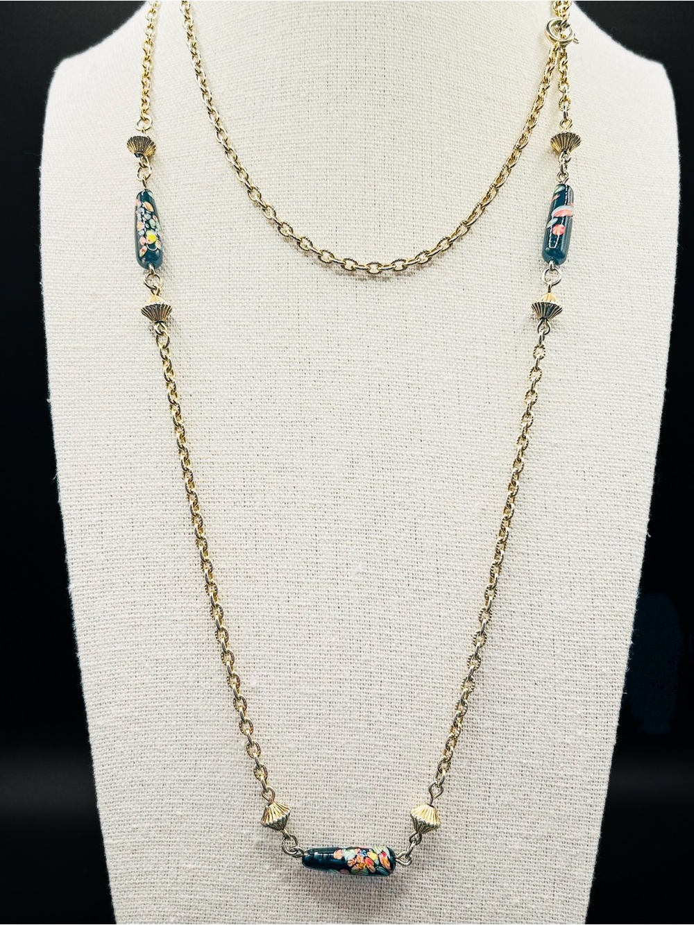 Mid Century Modern Black Floral Necklace, Artisan Hand Made Glass Bead